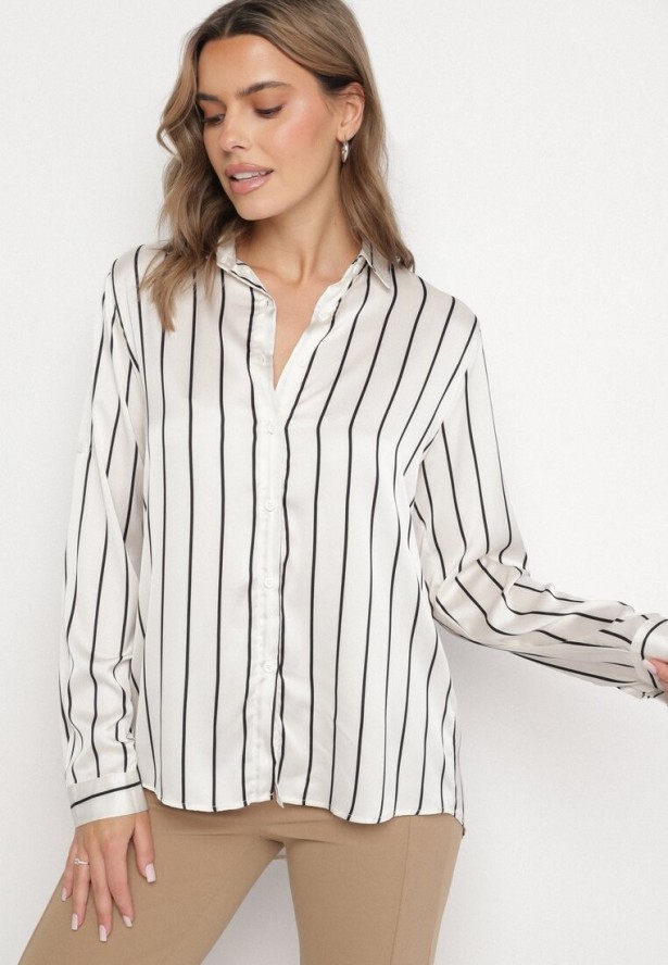 Biało-Czarna Koszula w Delikatne Paski z Podpinanymi Rękawami Berraza