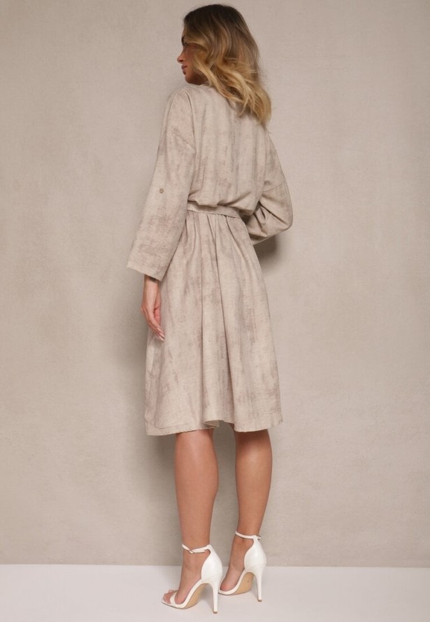 Beżowa Sukienka Koszulowa z Paskiem z Klamrą i Kieszonką Parmio