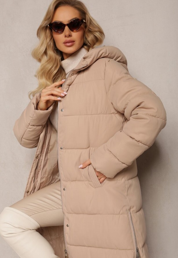 Beżowa Pikowana Długa Kurtka Płaszcz z Kapturem i Napami Tisima