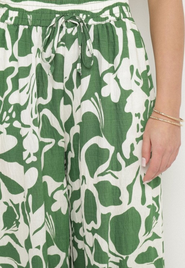 Zielone Szerokie Spodnie z Wysokim Stanem w Kwiatowy Wzór Tolirida