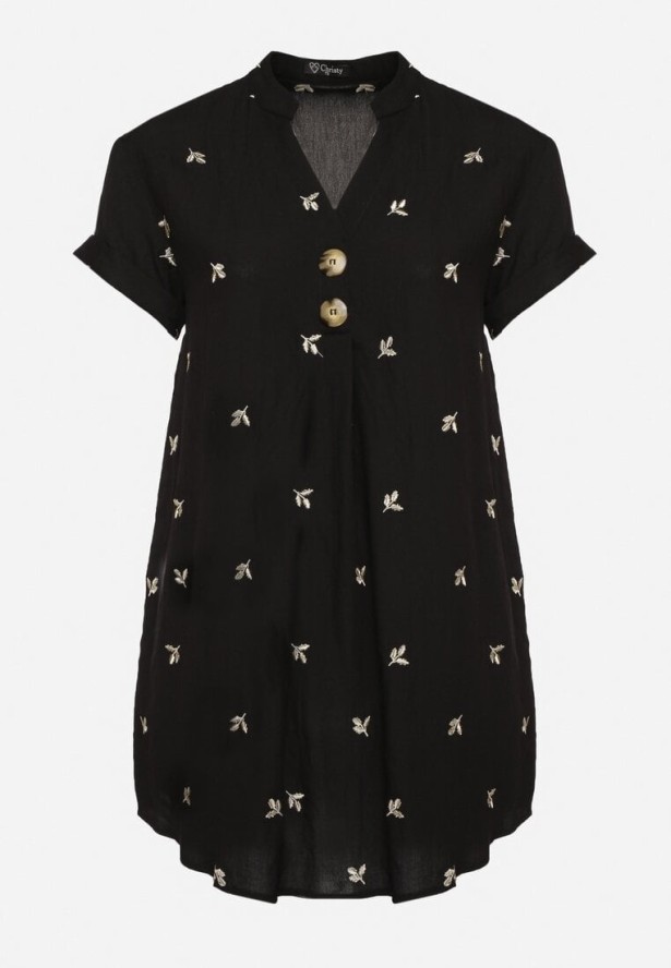 Czarna Bawełniana Tunika z Ozdobnymi Guzikami i Naszywkami Sovozi