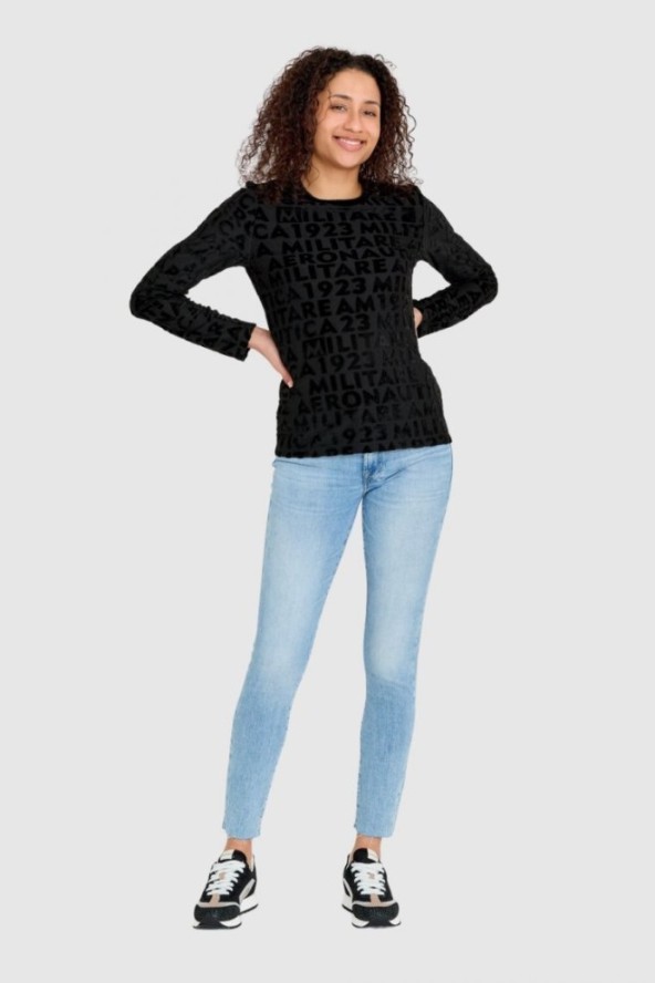 AERONAUTICA MILITARE Czarna welurowa bluza damska w wytłoczone logotypy, Rozmiar XS