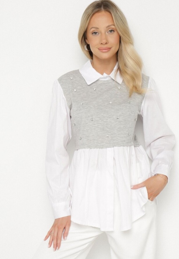 Szara Rozkloszowana Bluzka Koszulowa z Wiskozą z Wszytą Kamizelką z Cyrkoniami Uliaviela