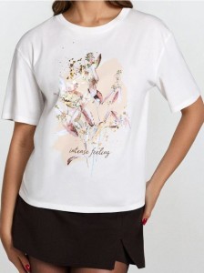 Bawełniana koszulka z nadrukiem - kremowy