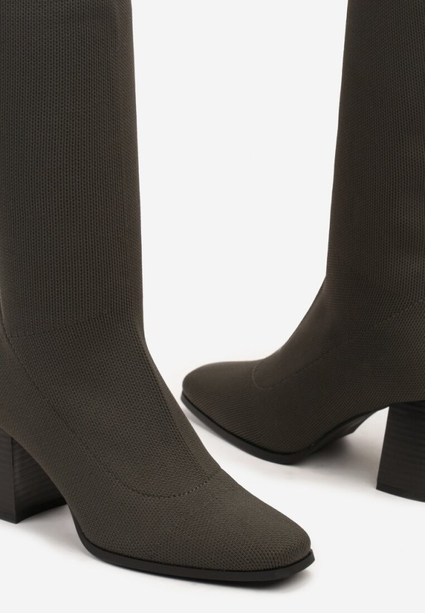 Zielone Kozaki na Słupku ze Elastyczną Cholewką Ellitra