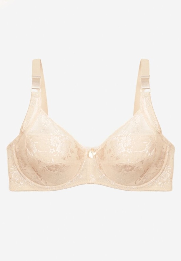 Jasnobeżowy Koronkowy Biustonosz z Regulowanymi Ramiączkami Zapinany na Haftki Missaela