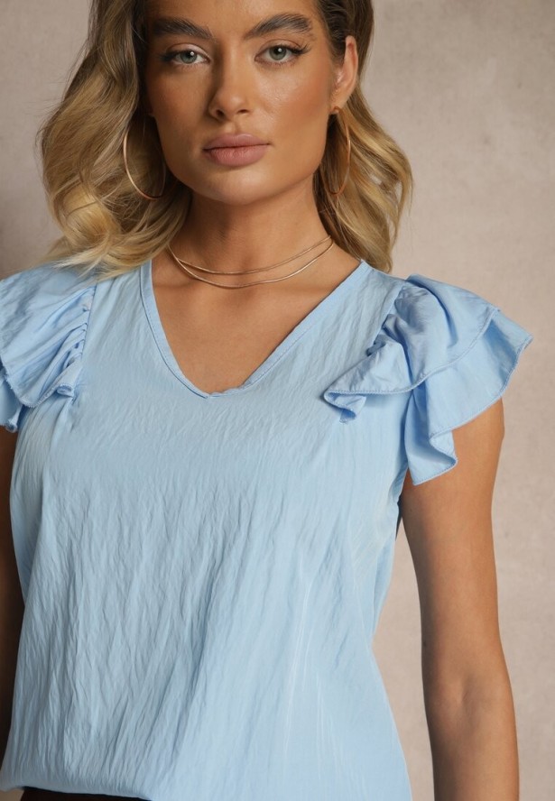 Niebieska Bluzka z Wiskozą i Falbankami Divama