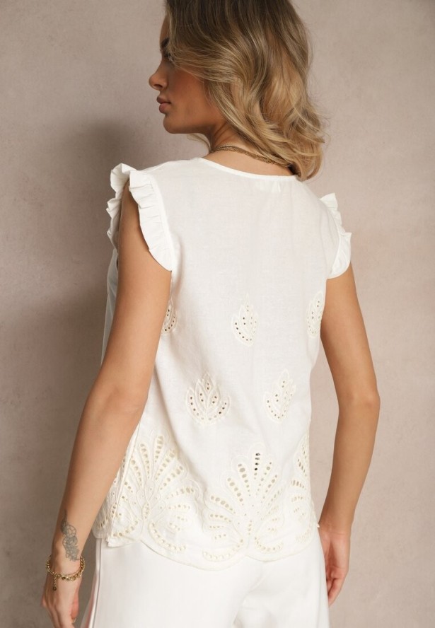 Biała Bawełniana Bluzka z Ażurowym Wzorem i Falbankami Areina