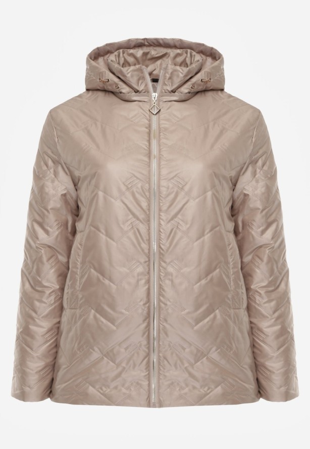 Ciemnobeżowa Pikowana Kurtka Przejściowa o Prostym Kroju z Kapturem Vimoris