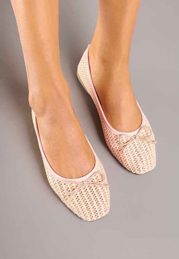 Jasnoróżowe Balerinki Plecione z Kokardką Korivessa