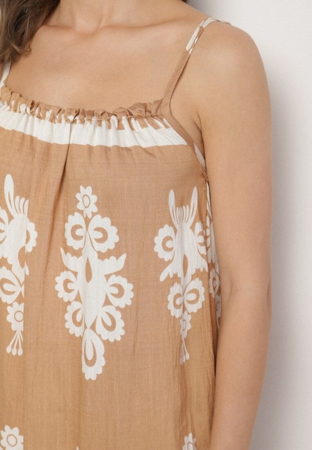 Jasnobrązowa Sukienka o Rozkloszowanym Kroju na Ramiączkach w Etniczny Wzór Revoniae