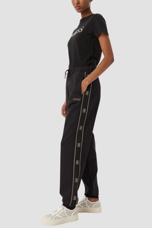 GUESS Czarne damskie spodnie dresowe z lampasami i cyrkoniami Octavia, Rozmiar XS