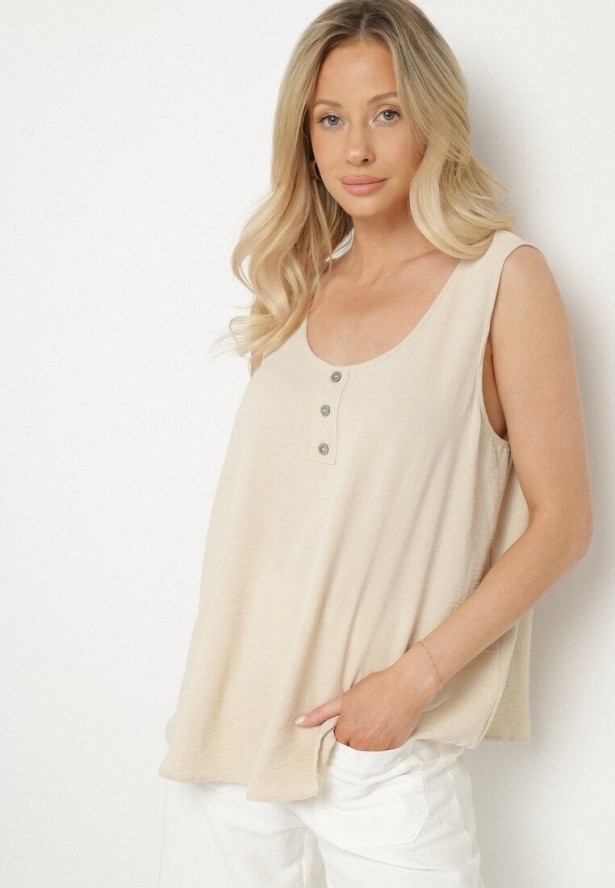 Beżowy Top na Szerokich Ramiączkach Zdobiony Guzikami Jenadorea