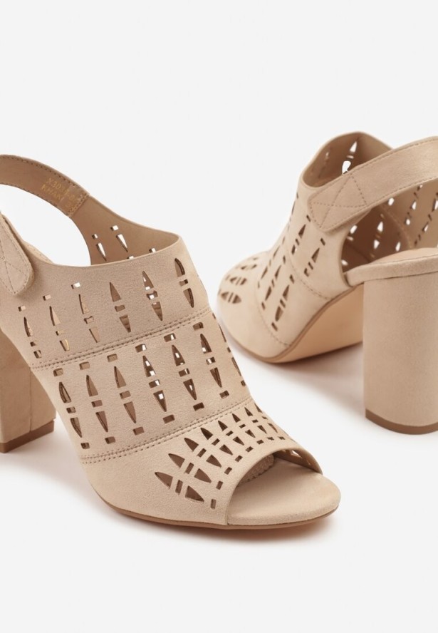 Beżowe Sandały na Obcasie Vices ze Skórzaną Wkładką i Ażurową Cholewką Linarra