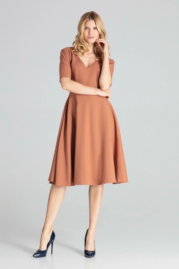 Rozkloszowana sukienka midi z dekoltem V brązowa