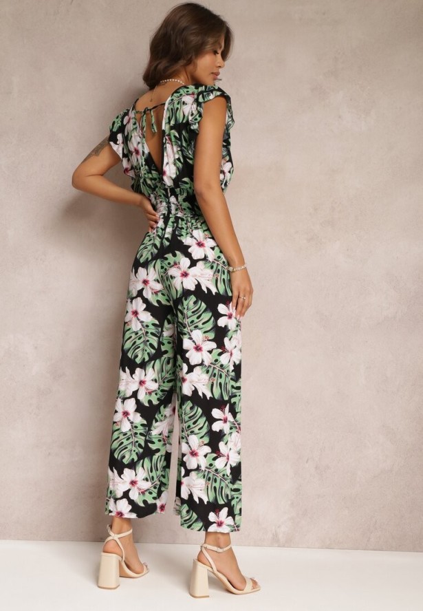 Czarno-Zielony Długi Kombinezon Bawełniany w Kwiaty Vegita