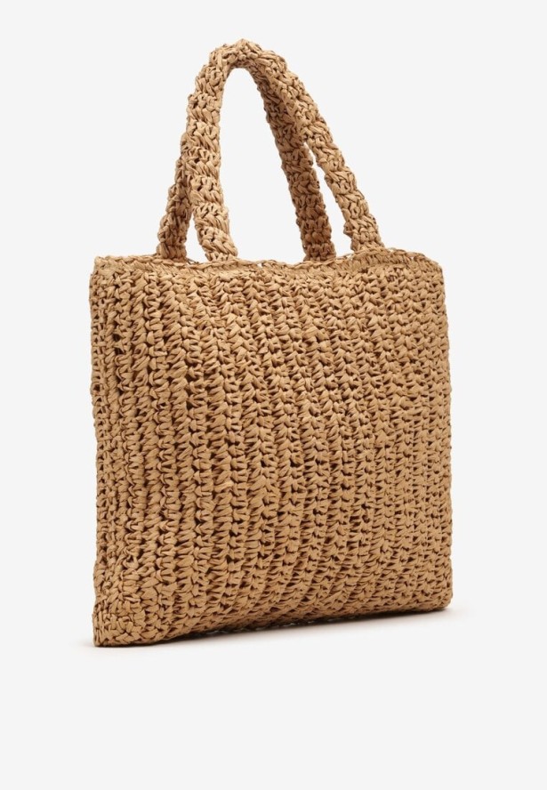 Ciemnobeżowa Pleciona Torebka z Rączką i Napisem Segelia