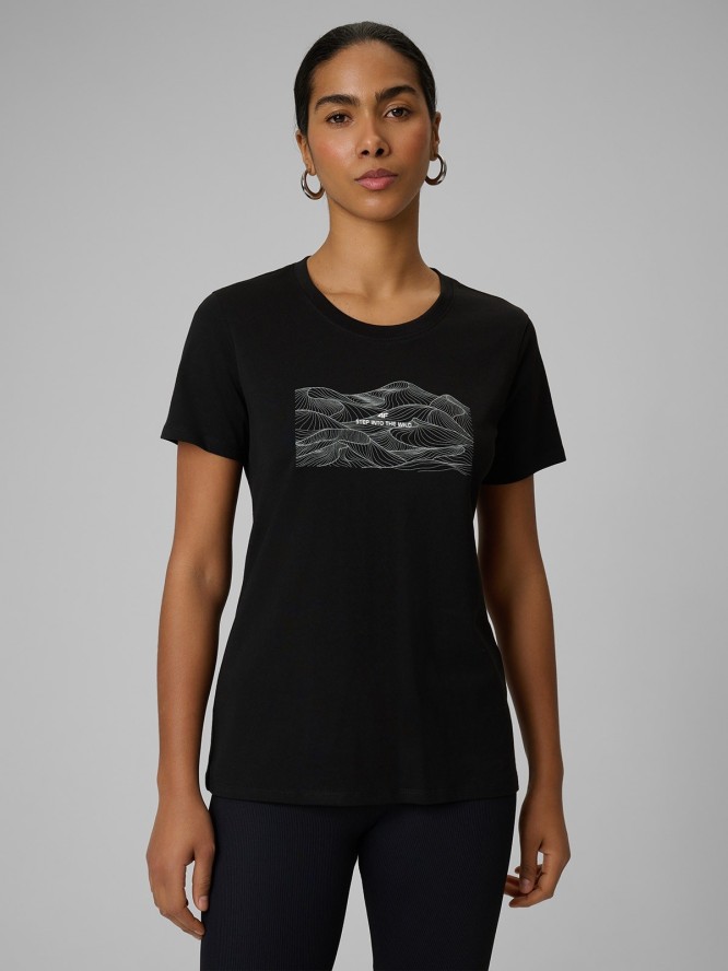 4F T-shirt regular z nadrukiem damski - czarny XS