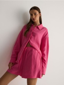 Szorty z bawełnianego muślinu - intensywny róż