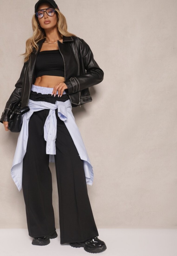 Czarna Kurtka Typu Ramoneska Zdobiona Kontrastowymi Przeszyciami i Nitami Adivona