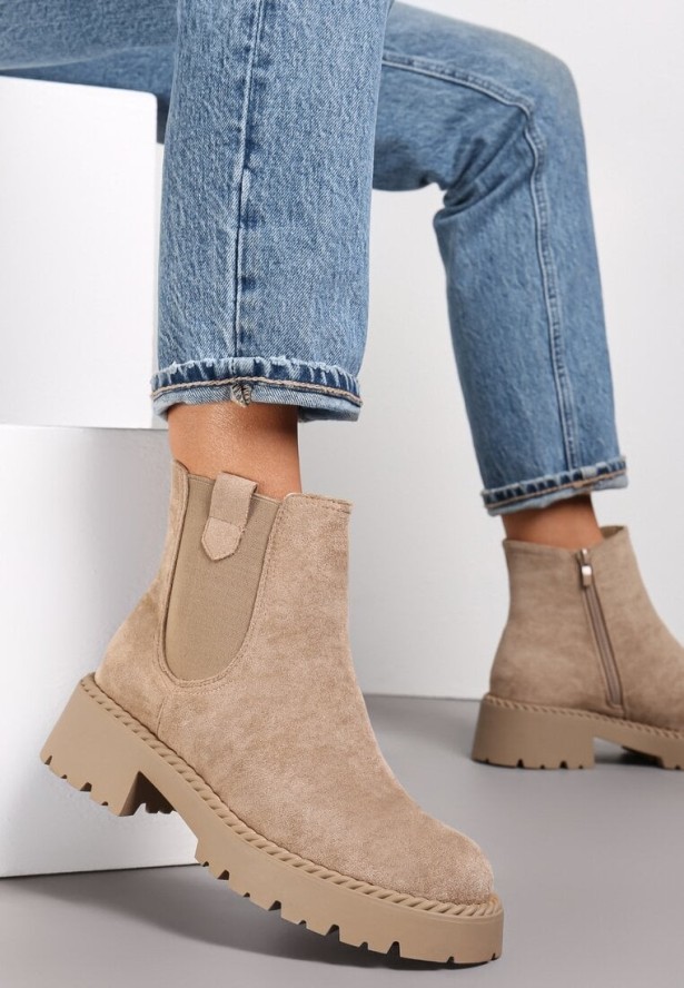 Beżowe Botki Sztyblety z Elastyczną Wstawką Manuvia