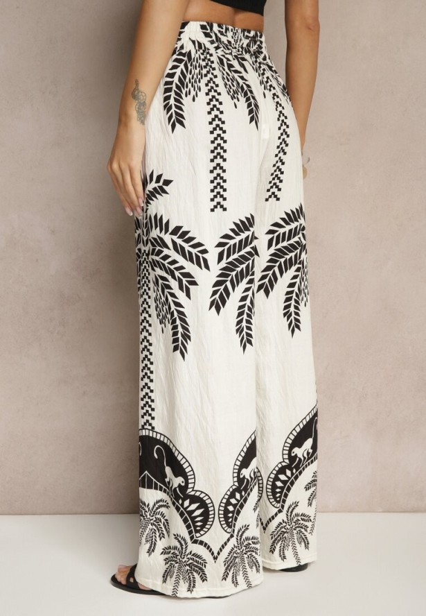 Białe Spodnie z Wiskozy o Szerokim Kroju High Waist z Palmami Varritia