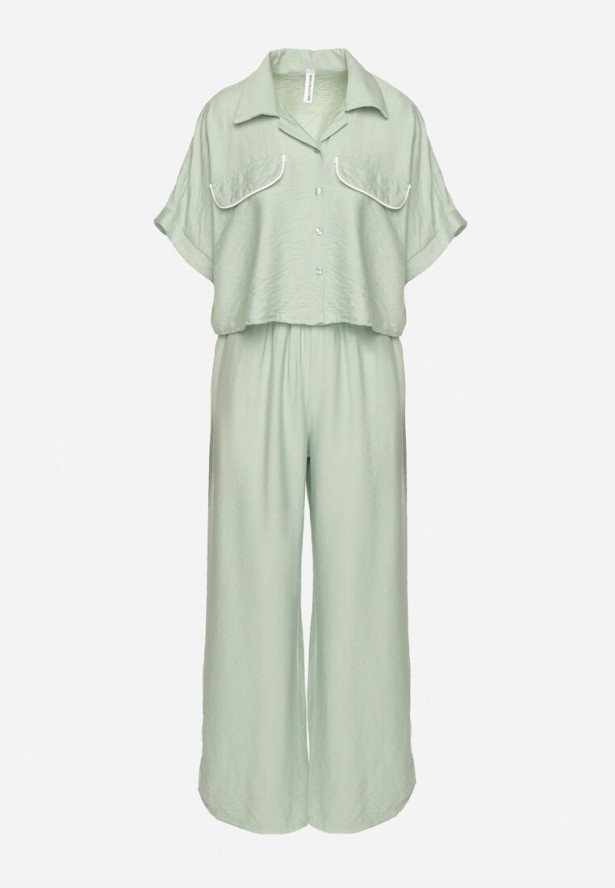 Jasnozielony Wiskozowy Komplet Krótka Koszula i Szerokie Spodnie Davitta