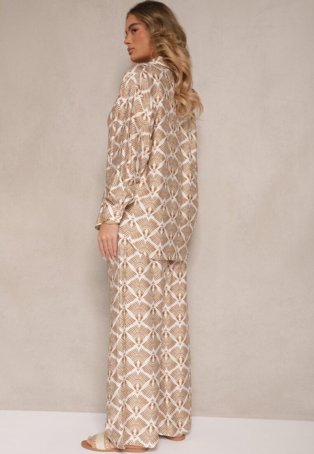 Beżowo-Brązowy Komplet z Wiskozy Koszula i Spodnie w Ornamentalny Print Desanelia