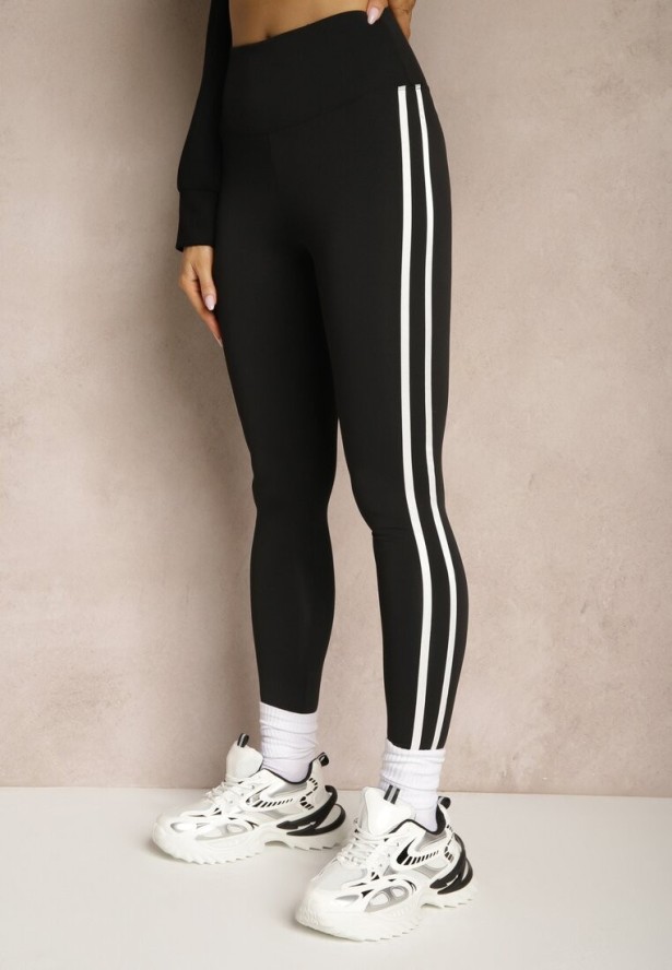 Czarne Legginsy High Waist z Push-Upem z Elastycznego Materiału z Lampasami Ateria