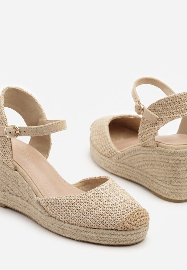 Ciemnobeżowe Sandały Typu Espadryle na Koturnie z Plecionki Renaelle