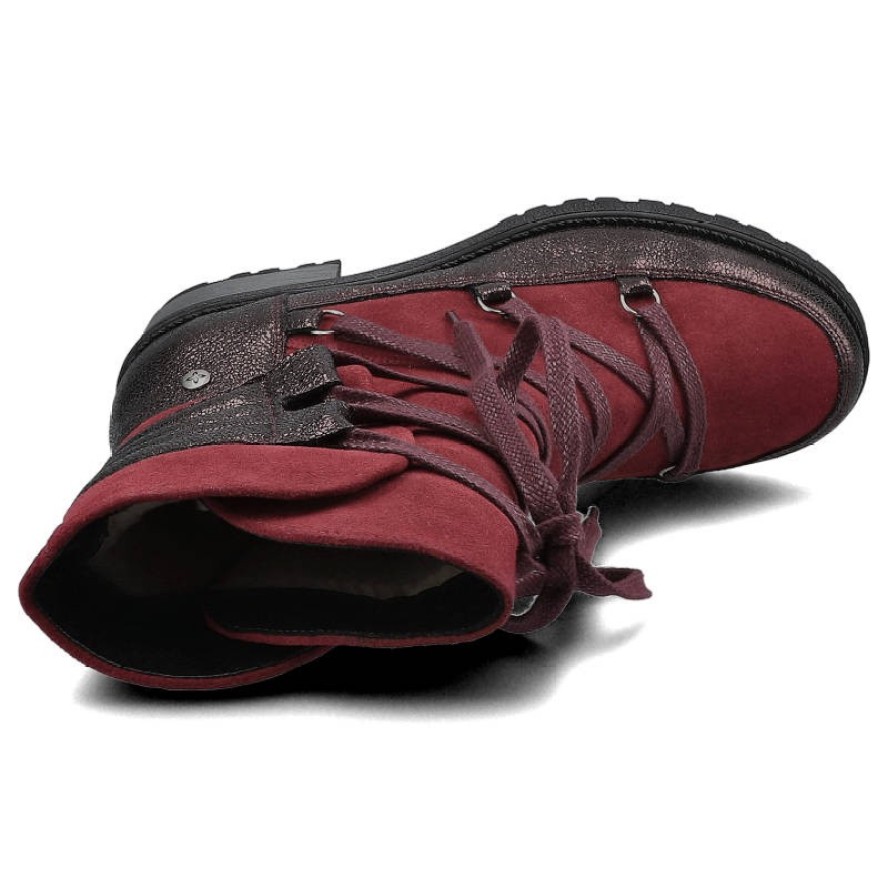 Botki damskie Maciejka, skóra licowa łączona z zamszem wiązane sznurowadłami z wnętrzem wyściełanym ciepłym miękkim futerkiem i z antypoślizgową pode