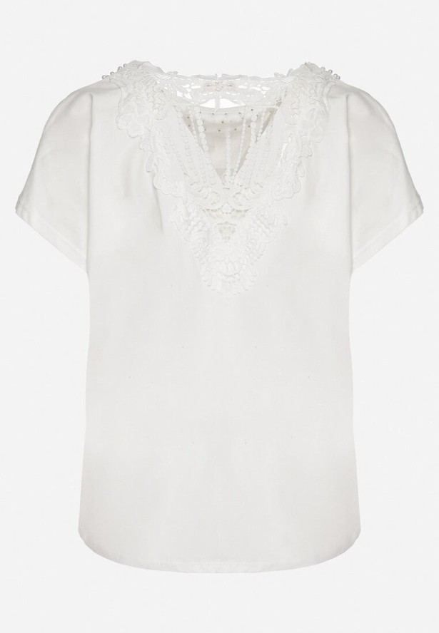 Biały Bawełniany T-shirt Nietoperz z Perłami i Koronką Eleziria