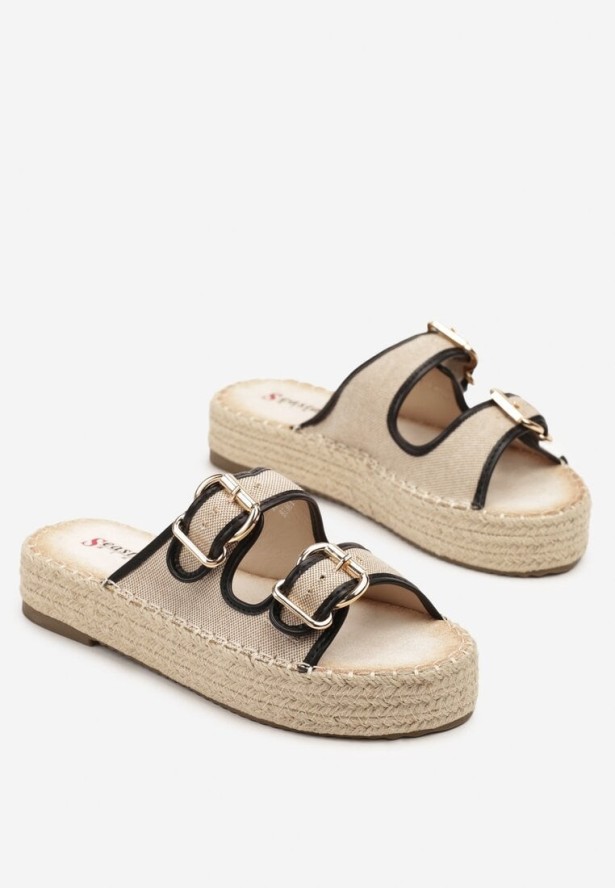 Beżowo-Czarne Klapki na Podeszwie z Plecionki z Tweedowymi Paskami z Klamrami Zilaya