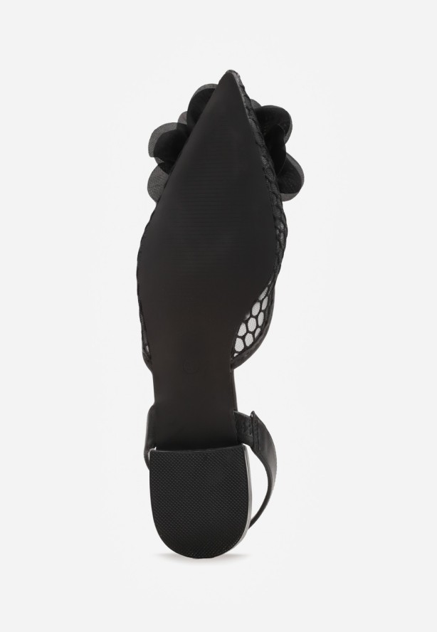 Czarne Sandały Vices Slingback z Siateczkową Cholewką Ozdobione Kwiatem 3D Lilivora