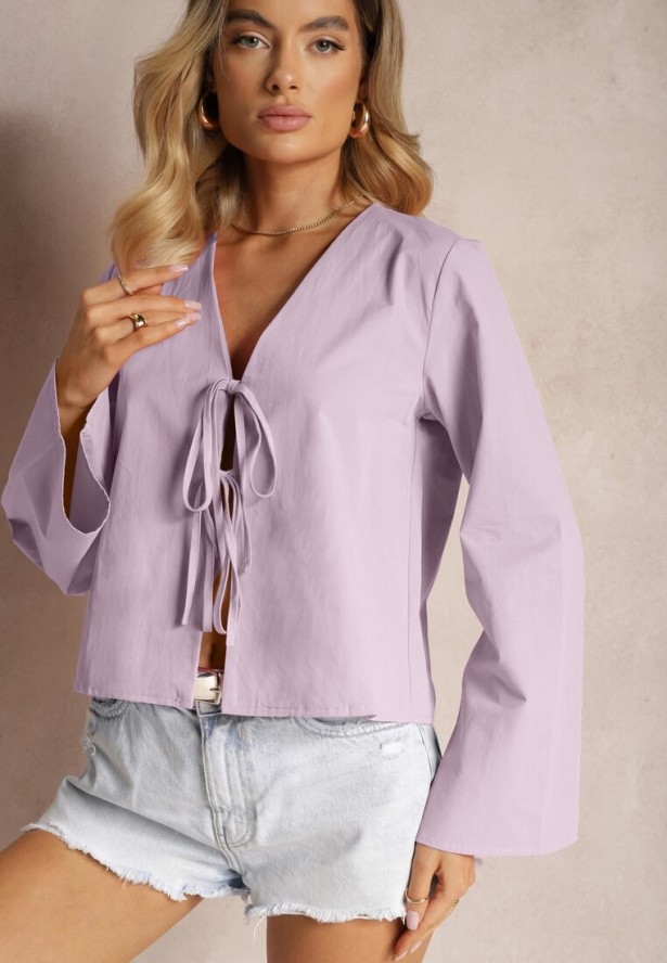 Fioletowa Bluzka z Bawełny Narzutka z Wiązaniami i Rękawami Typu Nietoperz Delorea