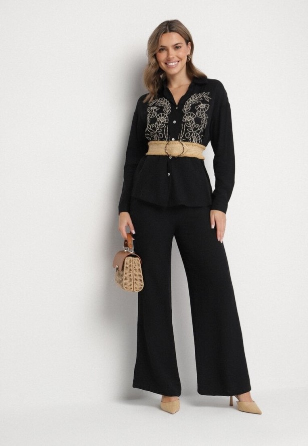Czarny Komplet z Luźną Koszulą z Haftem i Szerokimi Spodniami z Wiskozą Ivelabia
