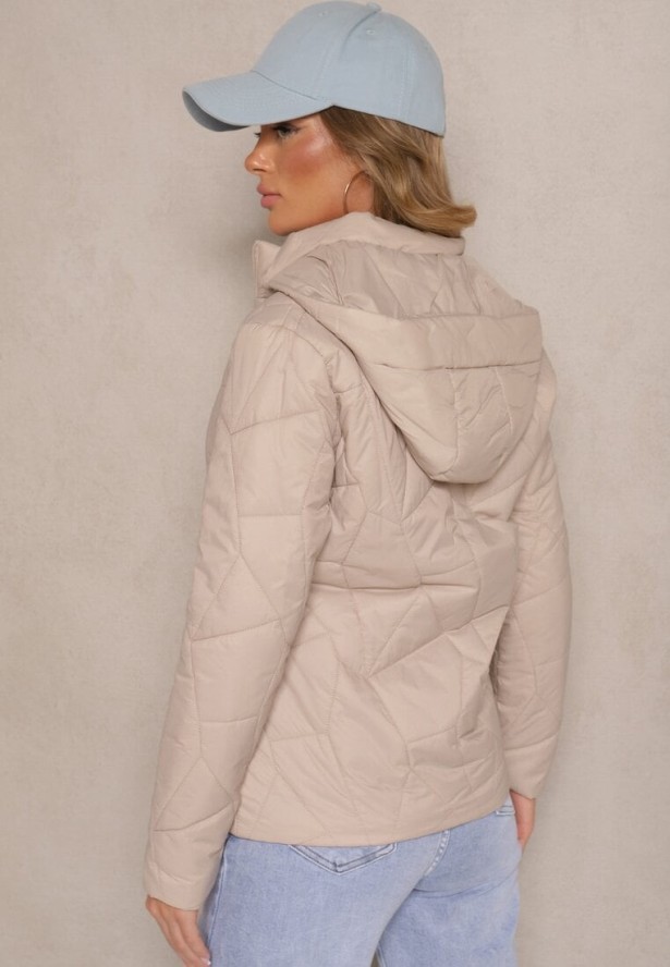 Ciemnobeżowa Przejściowa Kurtka z Kapturem Ozdobiona Pikowaniem Ninariela