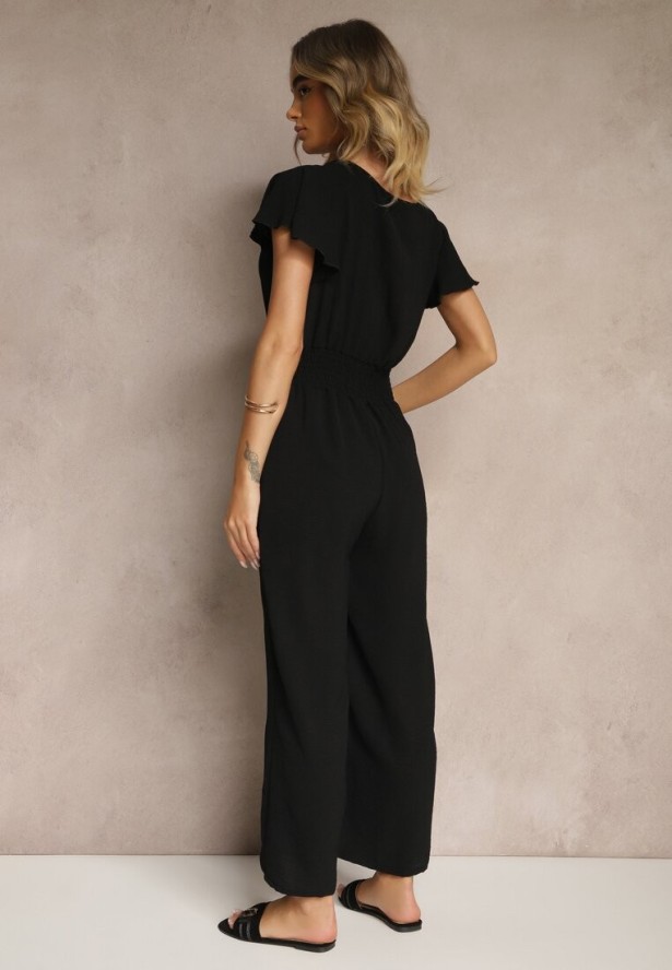 Czarny Kombinezon o Kopertowym Kroju z Gumką w Talii Martalia
