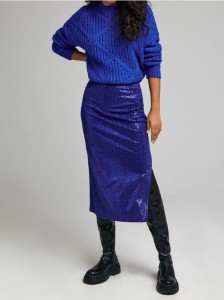 Cekinowa spódnica midi z rozcięciem - niebieski