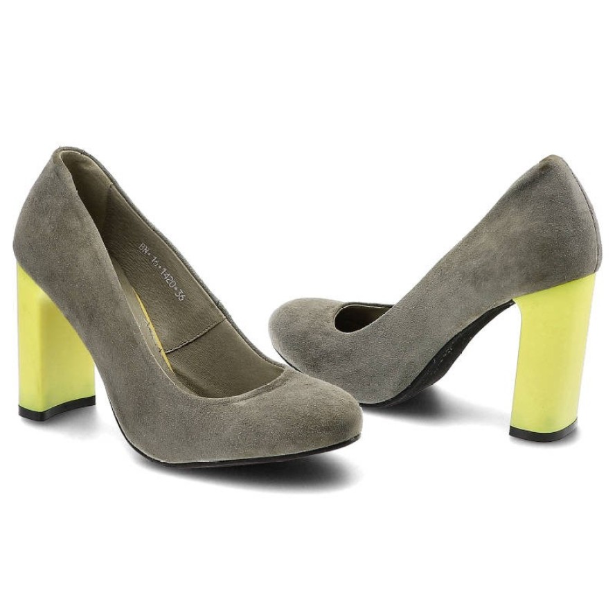 Szare Czółenka Karino Wygodne Skórzane Buty Na Obcasie