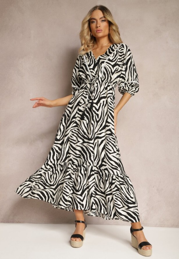 Czarno-Biała Sukienka z Wiskozy i Bawełny Ozdobiona Falbaną i Sznurkiem w Pasie Vantia