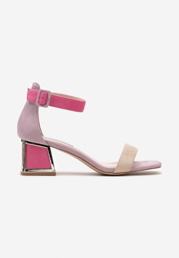 Beżowo-Różowe Sandały z Ozdobnym Obcasem z Imitacji Zamszu Avithalea