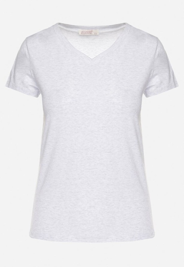Jasnoszary T-shirt z Bawełny z Trójkątnym Dekoltem Semiora
