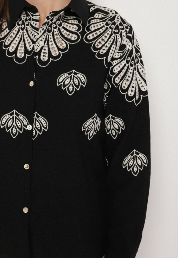 Czarna Bawełniana Koszula Zdobiona Ażurowym Haftem Nevriona