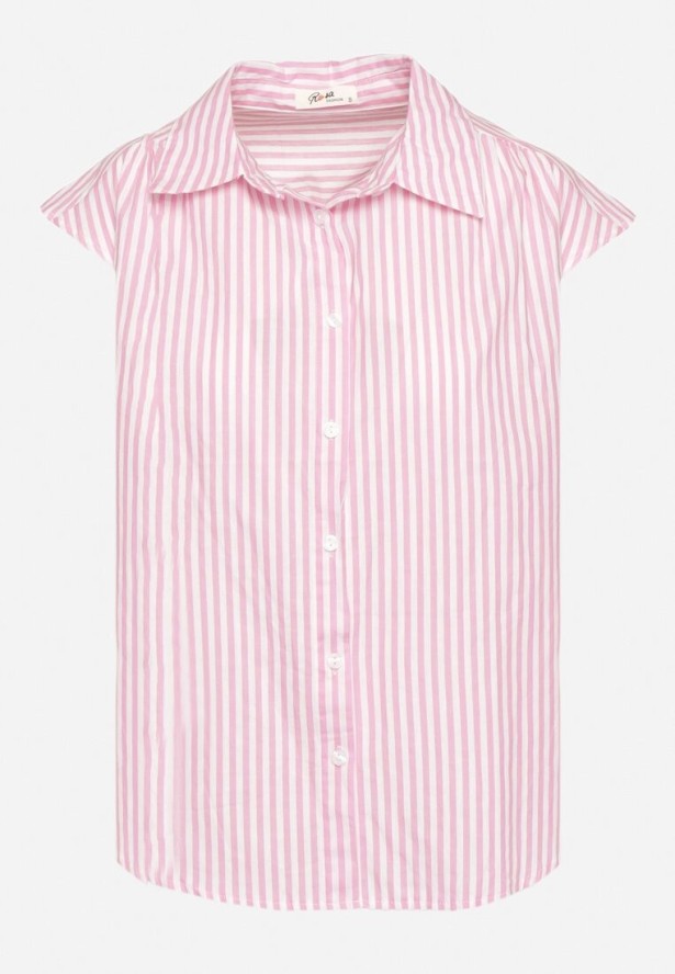 Różowa Bawełniana Koszula Bez Rękawów w Paski Zapinana na Guziki Loratia