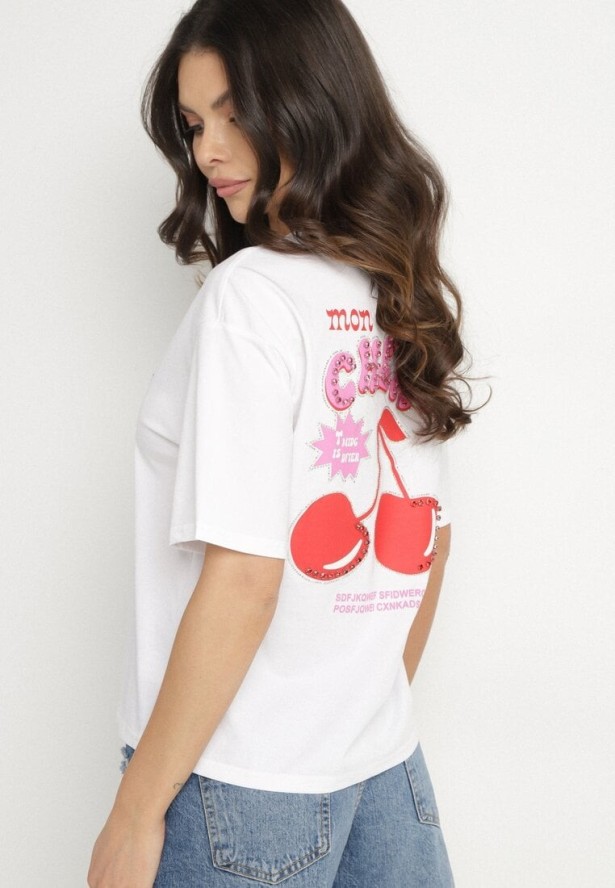 Biały T-shirt z Bawełną Cyrkoniami i Motywem Wiśni Linmira