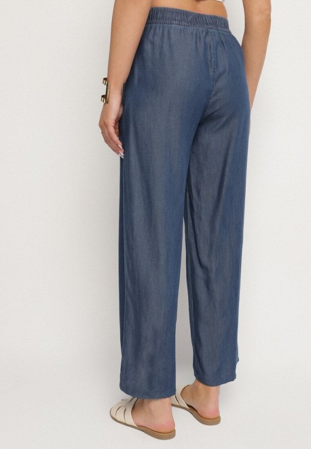 Niebieskie Szerokie Spodnie z Bawełny Ozdobione Wiązaniem Evipoli
