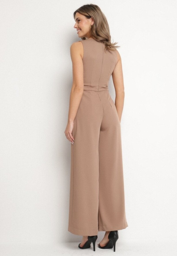 Ciemnobeżowy Kombinezon Bez Rękawów z Szerokimi Nogawkami i Kieszeniami Veleldia