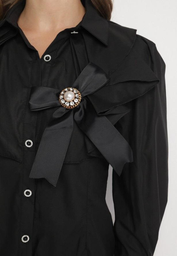 Czarna Koszula Zapinana na Ozdobne Guziki z Kokardką Olliana