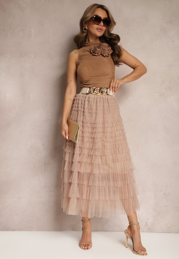 Ciemnobeżowa Tiulowa Spódnica Maxi z Gumką w Pasie i Falbankami Mahlia